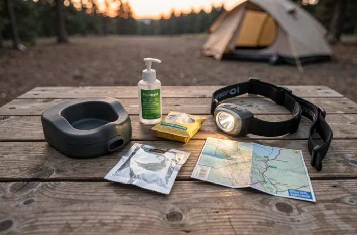 Accessoires pratiques pour gérer les envies nocturnes en camping disposés sur une table en bois : urinal portable, désinfectant, lampe frontale