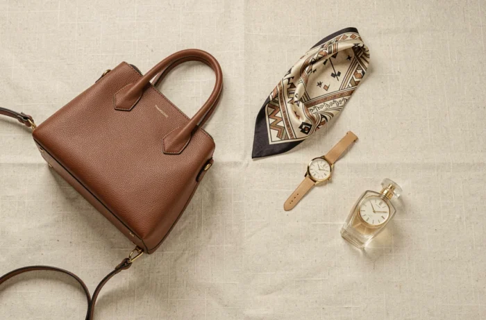 Plat posé d'accessoires de luxe comprenant sac en cuir, foulard en soie, montre dorée et parfum