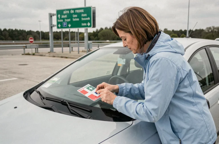 Femme collant une vignette autoroutière suisse sur le pare-brise de sa voiture dans une aire de repos française