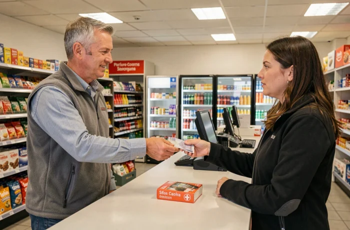 Achat d'une vignette suisse à la caisse d'une station-service autoroutière française
