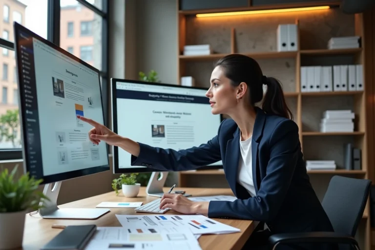 Responsable d'agence web présentant un mockup de site professionnel à un client dans un studio de design moderne