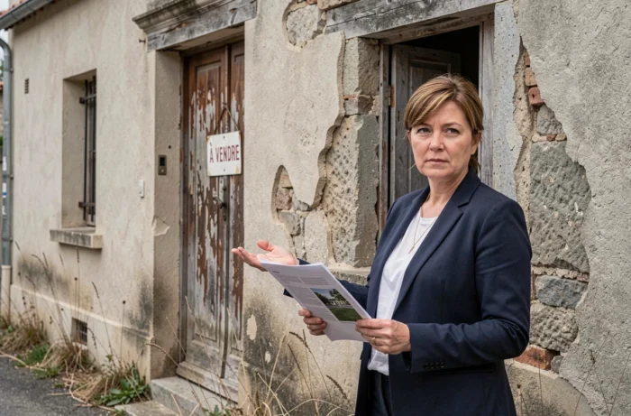 Agent immobilier devant une maison abandonnée à vendre dans un village rural français