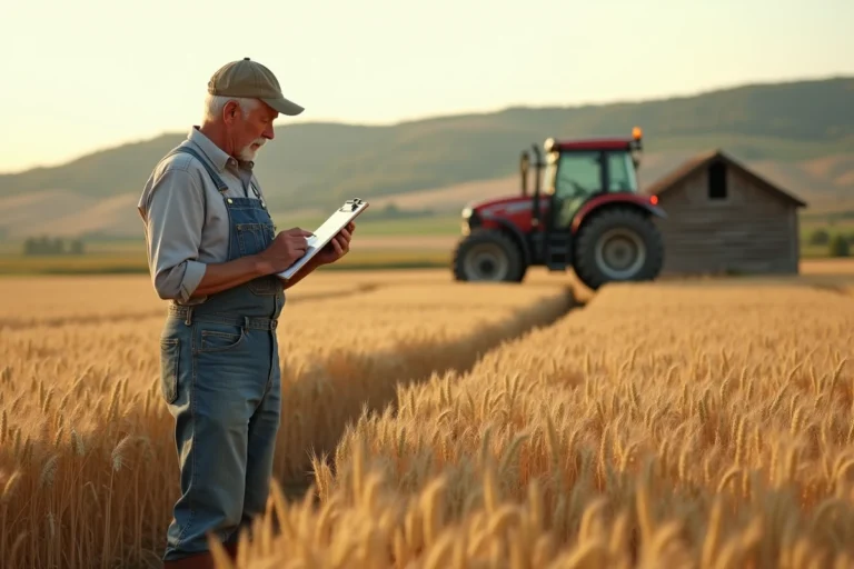 Agriculteur consultant ses notes sur une planchette dans un champ de blé, représentant le calcul des UTH en exploitation agricole