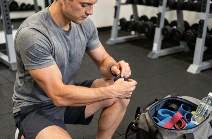 Sportif ajustant un moniteur de fréquence cardiaque avant l'entraînement en salle de sport