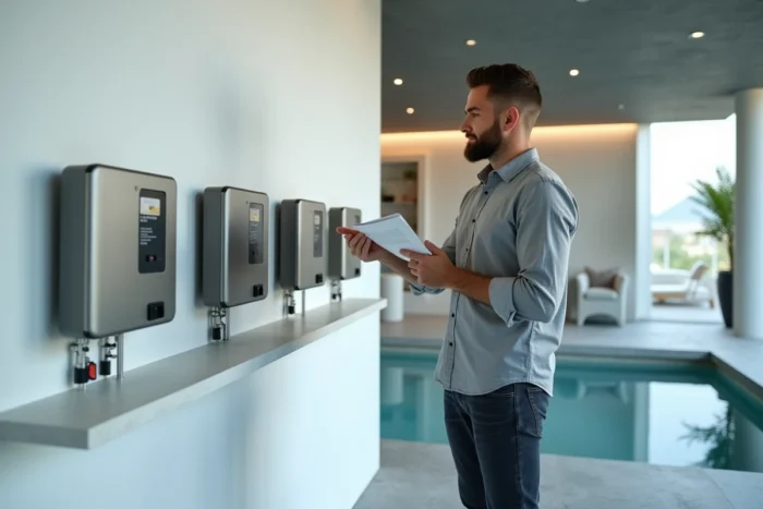 Homme examinant des alternatives au chlore dans un showroom de spa, avec des systèmes de traitement UV et eau salée