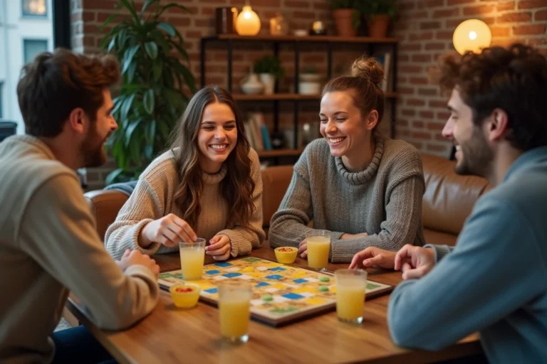 Groupe d'amis adultes jouant à un jeu de société autour d'une table en bois dans un appartement cosy