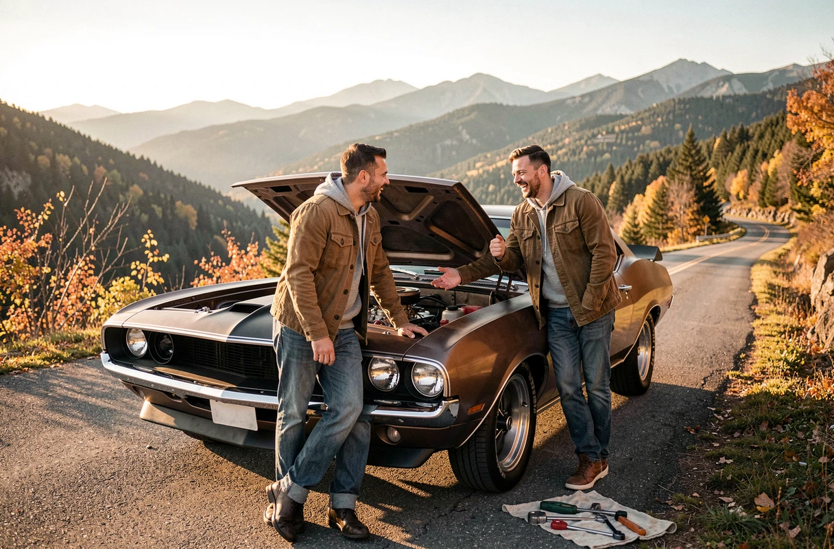 Deux amis passionnés d'automobile avec une muscle car restaurée sur une route de montagne en automne 2024