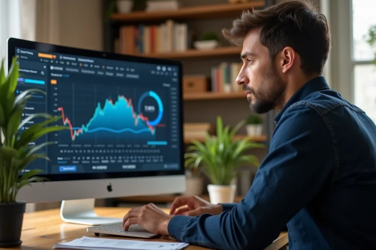 Homme analysant une plateforme d'investissement en ligne avec graphiques financiers sur écran, évaluant les risques d'un broker comme Dirvox