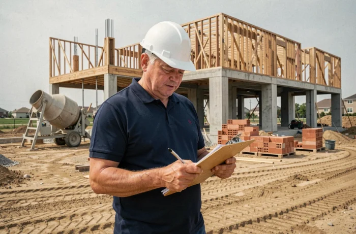 Architecte en casque blanc sur un chantier de construction de maison individuelle avec fondations et charpente en bois