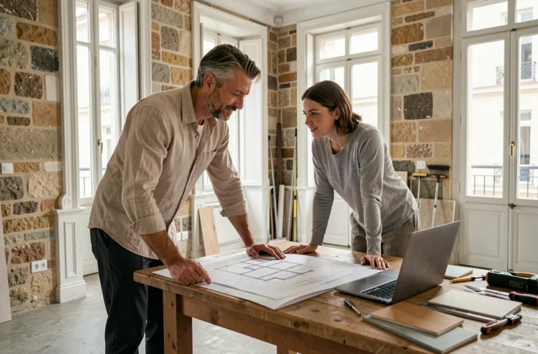 Artisan qualifié et propriétaire discutant des plans de rénovation intérieure dans un appartement lyonnais avec pierres apparentes