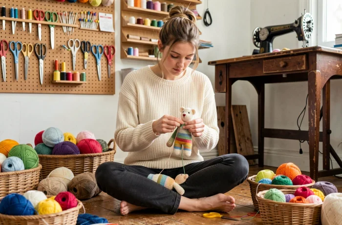 Artisane en train de crocheter un doudou dans l'atelier de création de La Maisonnette De Barbichounette