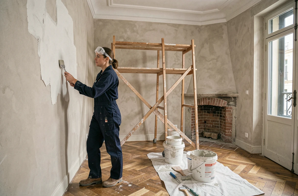 Artisane qualifiée appliquant de l'enduit sur un mur lors d'un chantier de rénovation intérieure à Lyon