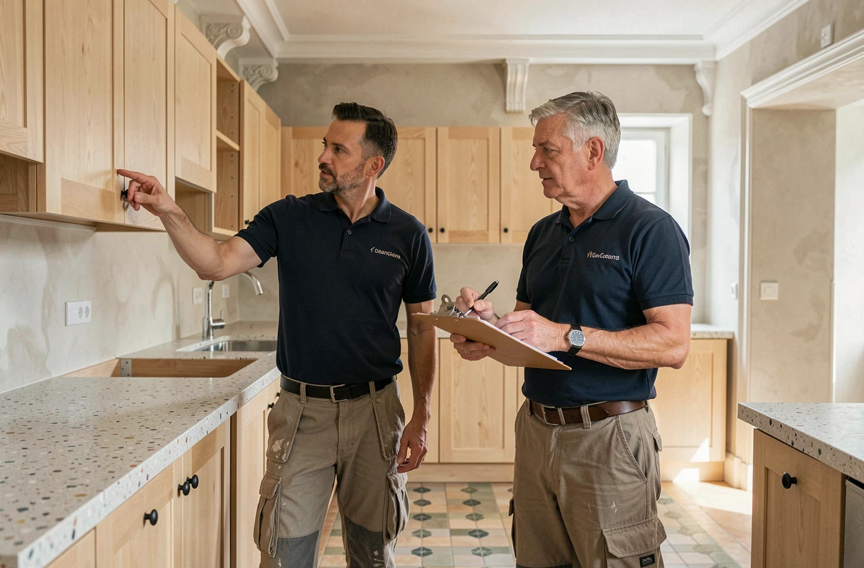 Deux artisans qualifiés discutant de l'installation de cuisine sur un chantier de rénovation intérieure à Lyon