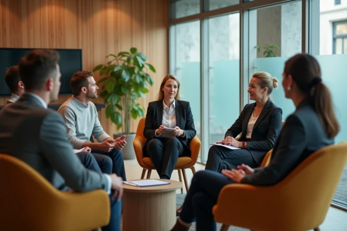 Groupe de professionnels participant à un atelier bien-être en entreprise animé par une psychologue du travail dans une salle de réunion moderne