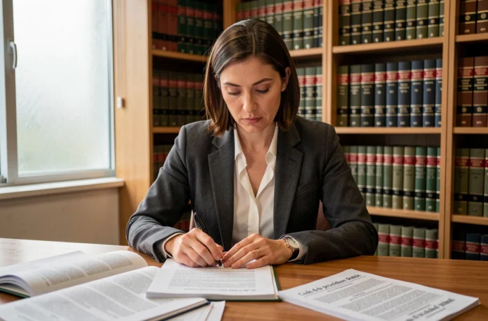 Avocate consultant le Code de procédure pénale dans son cabinet, représentant les droits et implications juridiques de l'article 78-2-1
