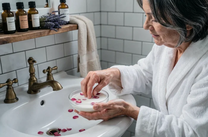 Femme faisant tremper ses ongles dans un bain naturel aux pétales de rose dans une salle de bain vintage avec des produits naturels