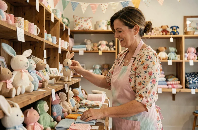 Femme arrangeant des jouets faits main et des accessoires bébé tricotés dans la boutique artisanale La Maisonnette De Barbichounette