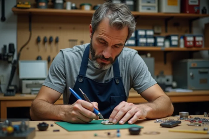 Homme en tablier de travail faisant de la soudure électronique sur un établi de bricolage maison