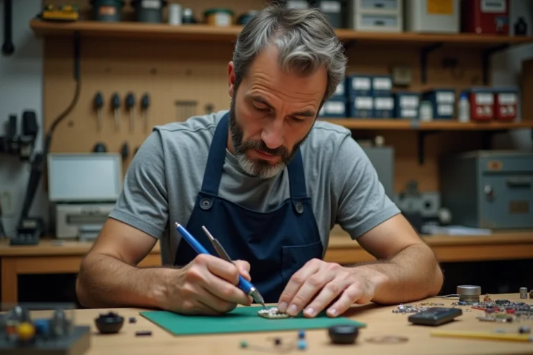 Homme en tablier de travail faisant de la soudure électronique sur un établi de bricolage maison