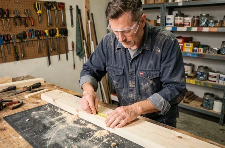Homme bricoleur mesurant une planche en bois dans un atelier de garage maison avec des outils accrochés au mur