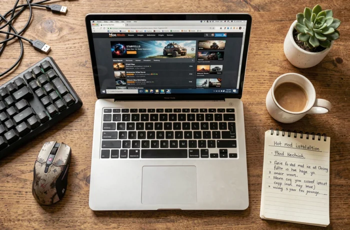 Vue aérienne d'un bureau avec un laptop affichant le site Nexus Mods pour télécharger des mods Starfield, entouré d'accessoires gaming