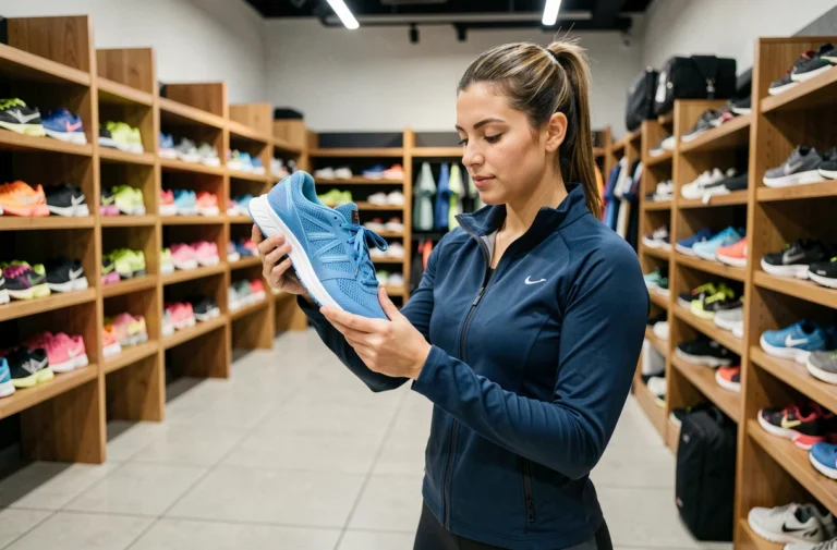 Femme choisissant des chaussures de running dans un magasin de sport, inspectant la semelle avec attention