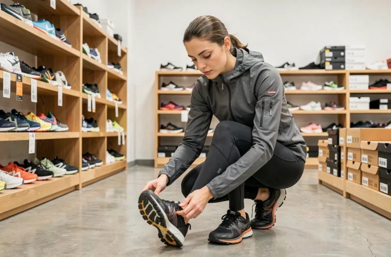 Femme sportive choisissant des chaussures de trail dans un magasin d'équipements sportifs