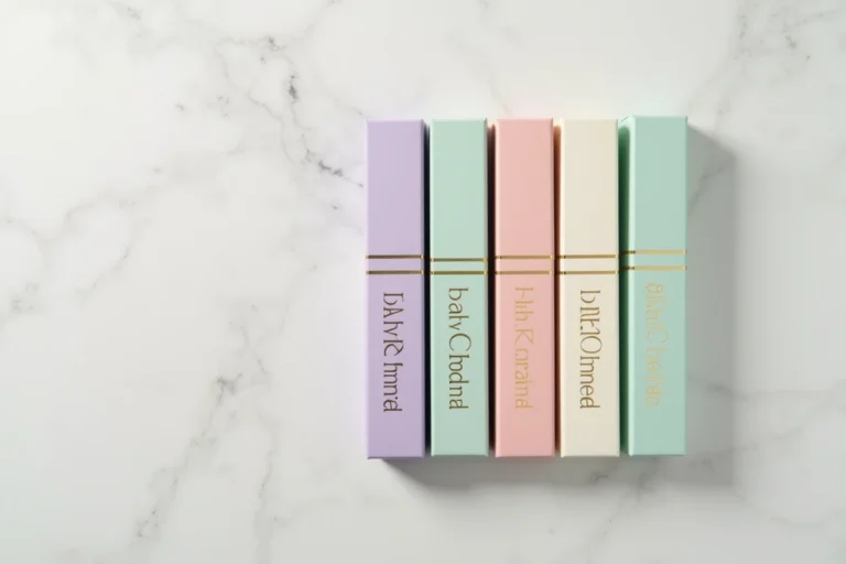 Différentes couleurs de paquets de cigarettes Vogue slim disposés en éventail sur marbre blanc, montrant les variantes de couleur pastel disponibles en 2026