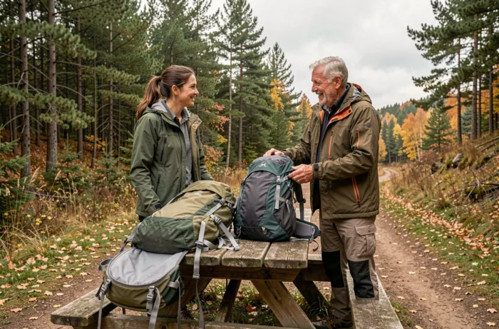 Deux randonneurs comparant des sacs à dos de randonnée sur un sentier en forêt pour choisir le bon équipement outdoor
