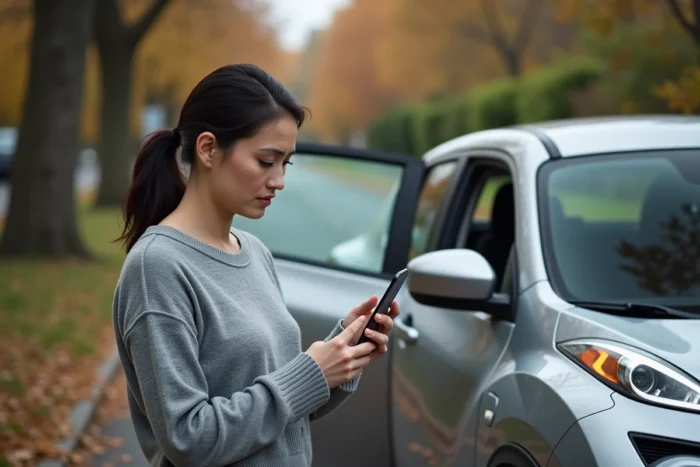 Conductrice consultant son téléphone après l'allumage du voyant moteur et ESP sur sa Nissan Juke en bord de route
