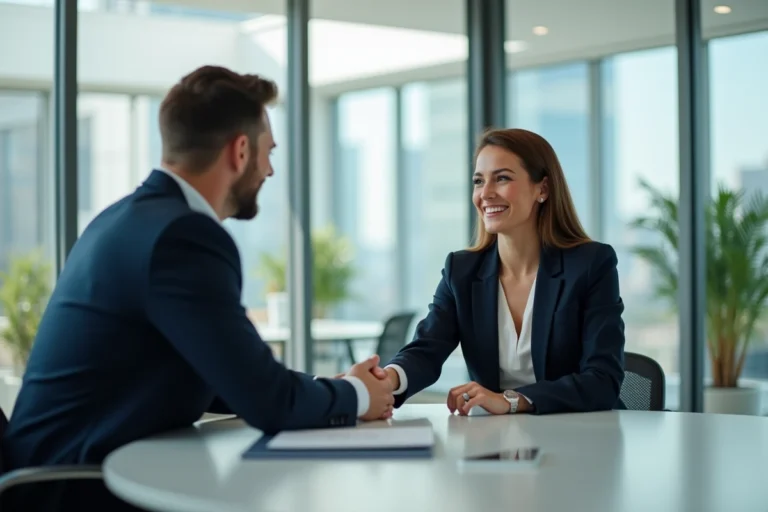 Deux professionnels concluant un partenariat commercial avec une poignée de main dans un bureau moderne vitré