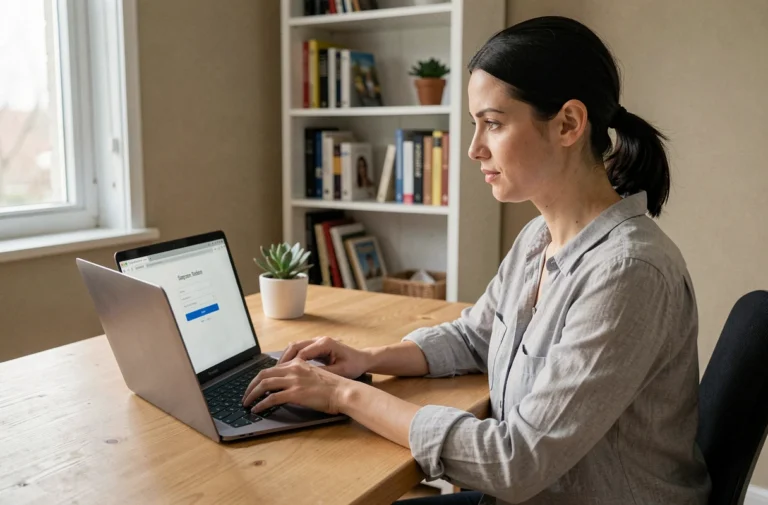 Femme se connectant à son espace membre sur un site d'annonces depuis son bureau à domicile