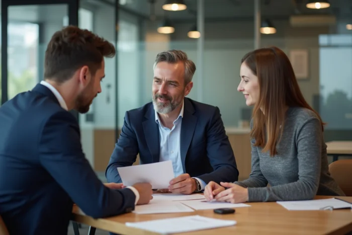 Conseiller bancaire CIC discutant d'un mouvement en instance avec un couple de clients dans une agence bancaire moderne