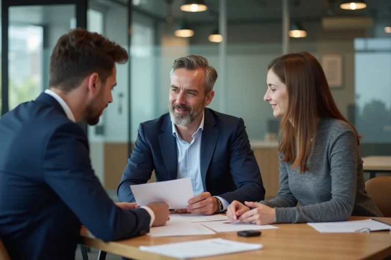 Conseiller bancaire CIC discutant d'un mouvement en instance avec un couple de clients dans une agence bancaire moderne