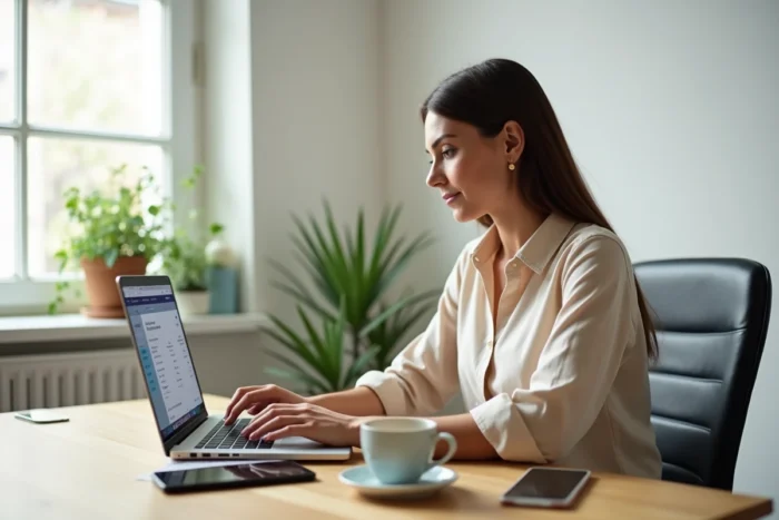 Femme consultant ses opérations bancaires en instance sur son ordinateur portable depuis son bureau à domicile