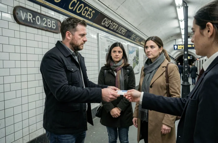 Citoyens présentant leurs documents d'identité à l'entrée d'une station de métro parisienne, scène illustrant les droits des individus lors d'un contrôle selon l'article 78-2-1