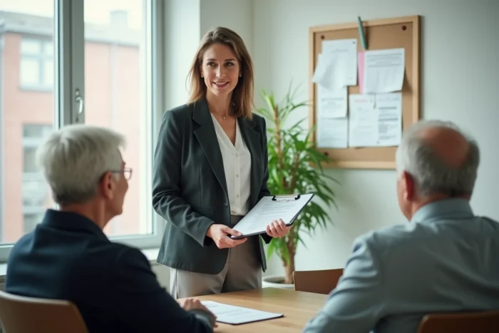Coordinatrice ADMR présentant les nouveaux tarifs horaires 2026 à un couple de seniors en agence