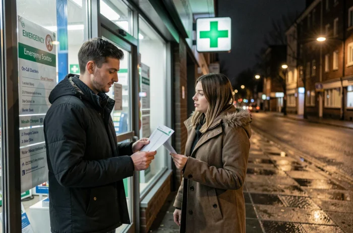 Couple consultant la liste des médecins de garde affichée devant une pharmacie de nuit