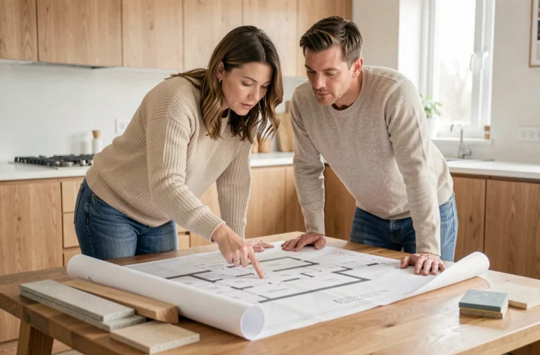 Couple étudiant les plans de leur future maison sur une table en bois avec des échantillons de matériaux de construction