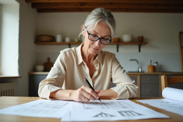 Femme remplissant une déclaration préalable de travaux pour le remplacement de fenêtres dans une maison ancienne