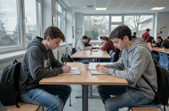 Deux adolescents prenant des notes ensemble sur la grammaire française dans une cafétéria scolaire