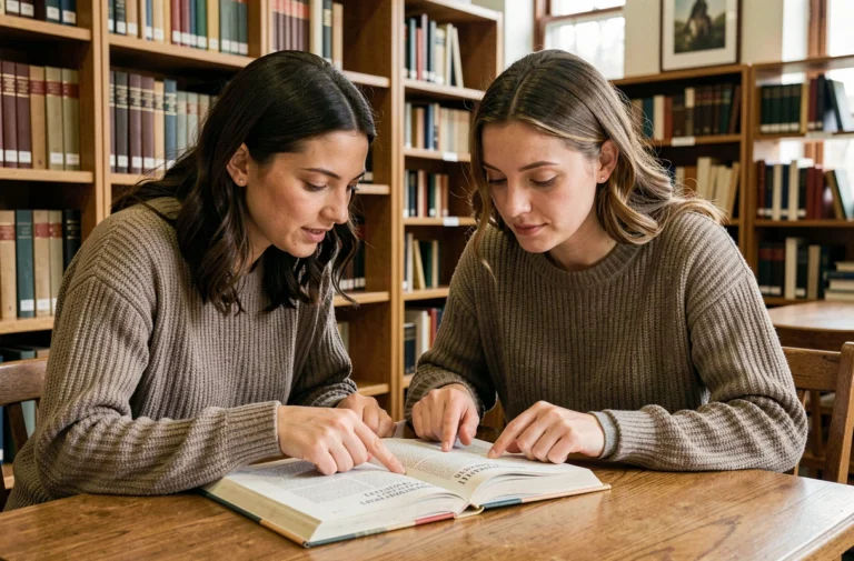 Deux femmes étudiant ensemble la grammaire française autour d'un livre ouvert dans une bibliothèque