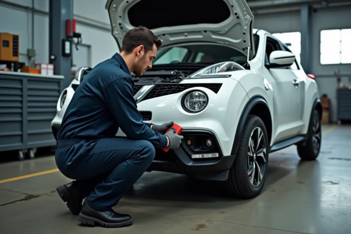 Mécanicien effectuant un diagnostic OBD sur une Nissan Juke pour identifier l'erreur moteur et ESP