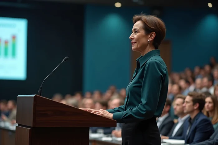 Directrice générale prenant la parole lors d'une assemblée générale annuelle d'actionnaires d'un grand groupe environnemental