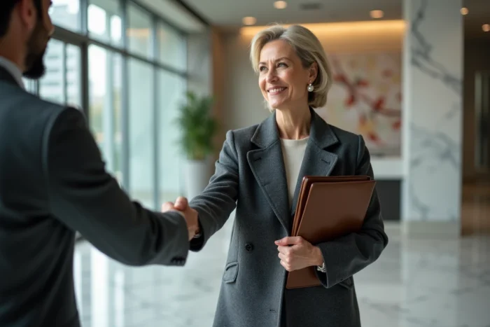Femme dirigeante en tenue professionnelle dans le lobby d'un grand groupe industriel lors d'une rencontre d'affaires