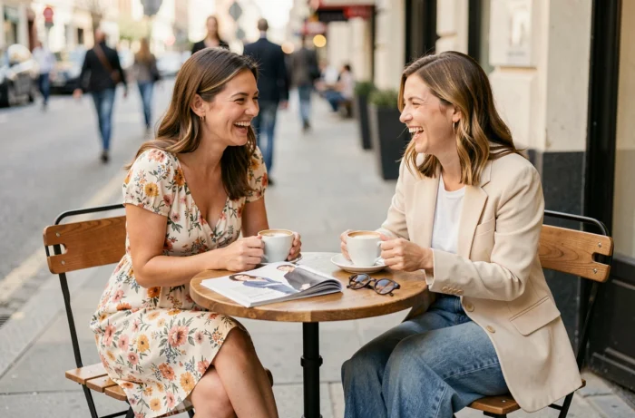 Deux femmes tendance riant autour d'un café en terrasse avec des tenues mode actuelles et un magazine de mode ouvert