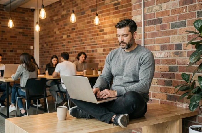 Entrepreneur travaillant sur son business en ligne dans un espace de coworking moderne