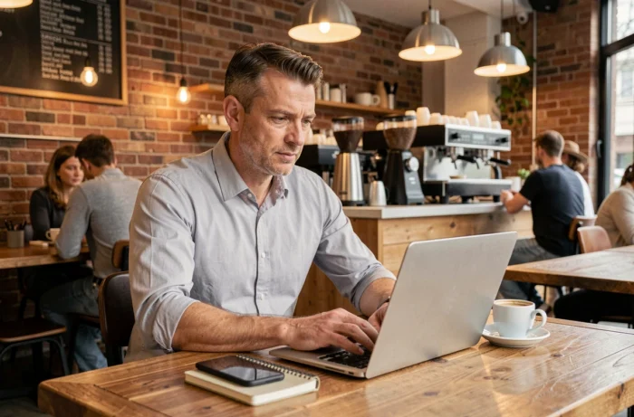 Entrepreneur indépendant travaillant sur son ordinateur portable dans un café urbain, illustrant la flexibilité du travail digital et la gestion d'entreprise moderne