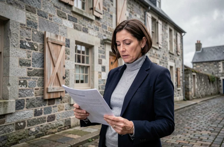 Entrepreneuse bretonne analysant des documents d'affaires devant un bâtiment en pierre granitique, symbolisant la réussite d'un projet entrepreneurial en Bretagne
