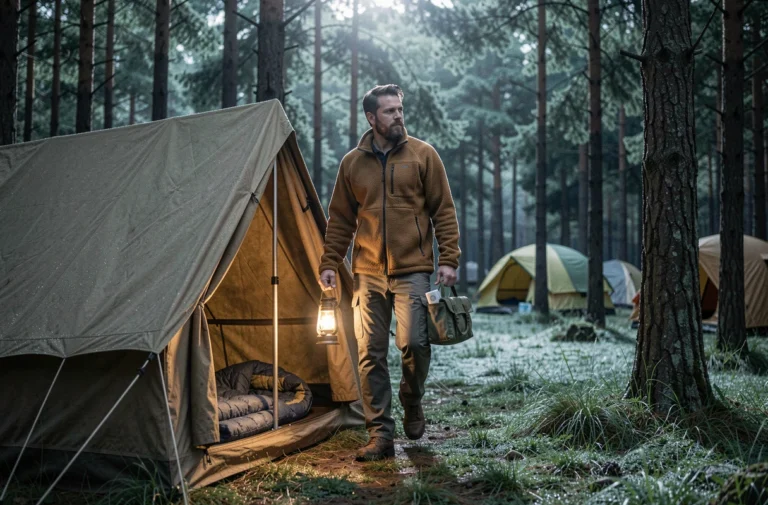 Homme sortant de sa tente la nuit en camping avec une lanterne et une trousse de toilette pour gérer une envie pressante